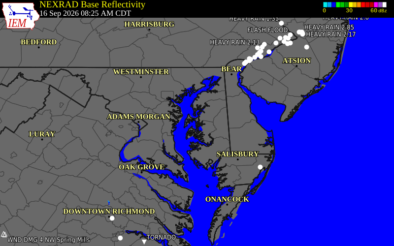 Current NEXRAD radar over Queen Anne's County, Maryland with recent storm report locations