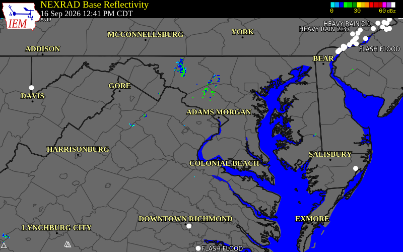 Current NEXRAD radar across Maryland with recent storm report locations