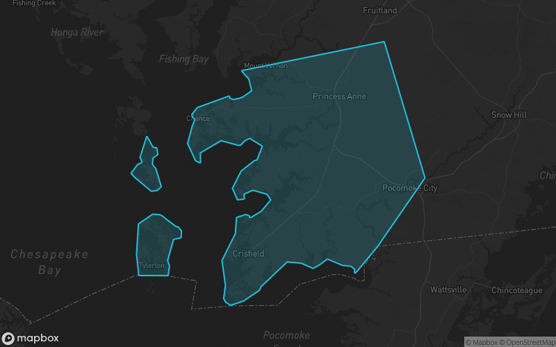 Map of Somerset County, Maryland showing the county boundary and surrounding cities