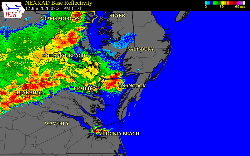 NEXRAD radar during the Friday, June 12, 2026 storm activity in Somerset County, Maryland