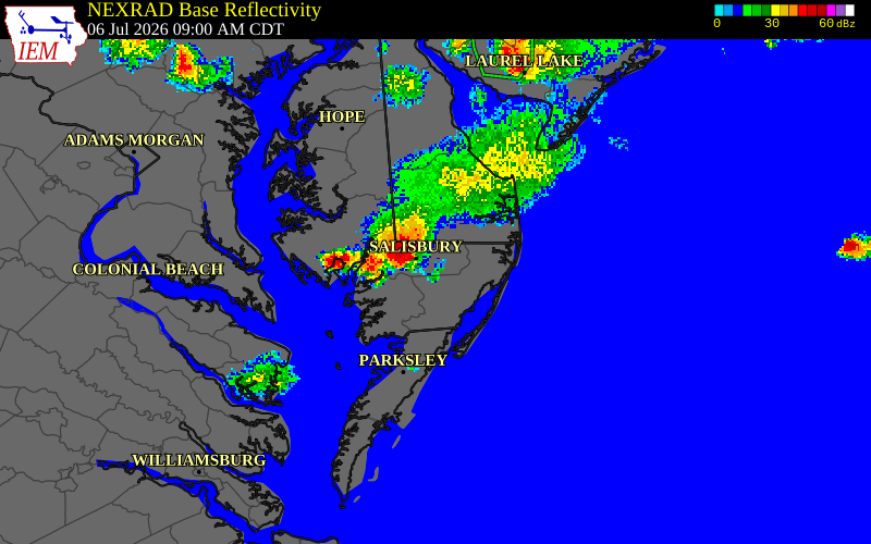 NEXRAD radar during the Monday, July 6, 2026 storm activity in Somerset County, Maryland