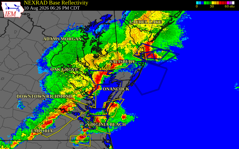 Radar snapshot during the Aug 10, 2026 wind event near Somerset County, Somerset County, Maryland, with NWS warning polygons