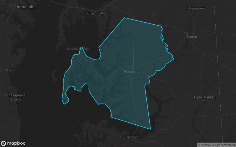 Map of Talbot County, Maryland showing the county boundary and surrounding cities