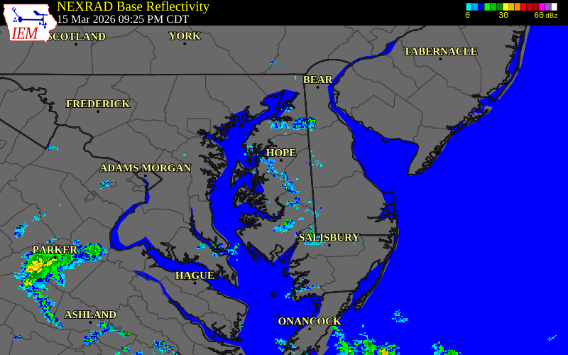 NEXRAD radar during the Sunday, March 15, 2026 storm activity in Talbot County, Maryland