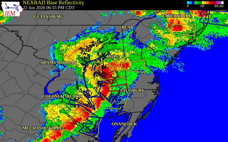 NEXRAD radar during the Monday, June 22, 2026 storm activity in Talbot County, Maryland