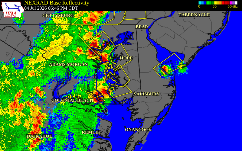 NEXRAD radar during the Saturday, July 4, 2026 storm activity in Talbot County, Maryland