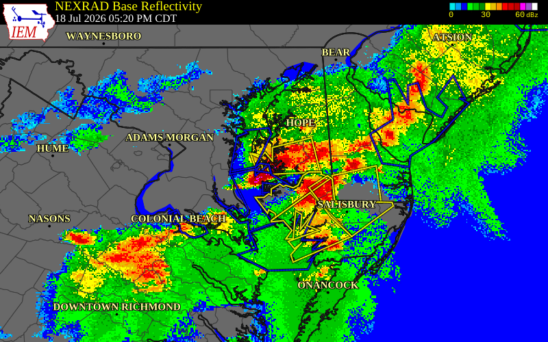 NEXRAD radar during the Saturday, July 18, 2026 storm activity in Talbot County, Maryland
