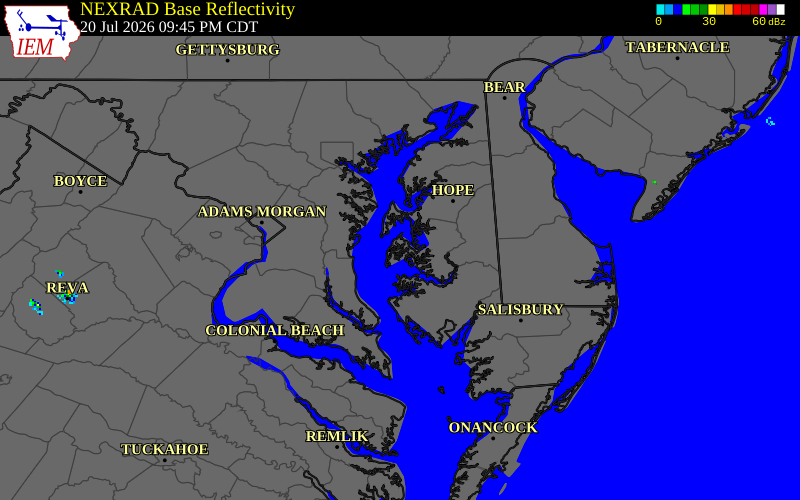 NEXRAD radar during the Monday, July 20, 2026 storm activity in Talbot County, Maryland