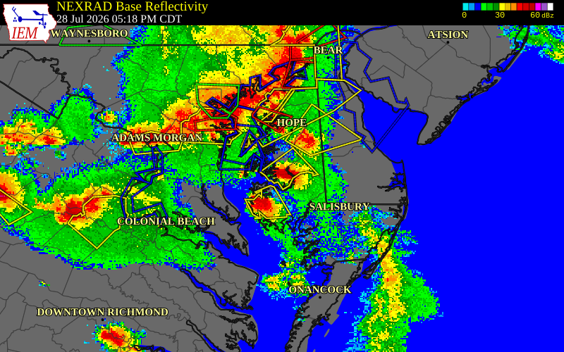 NEXRAD radar during the Tuesday, July 28, 2026 storm activity in Talbot County, Maryland