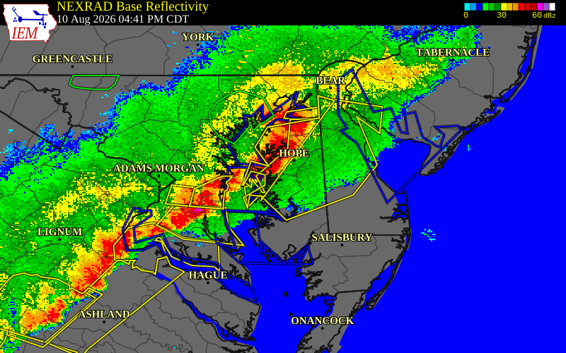 NEXRAD radar during the Monday, August 10, 2026 storm activity in Talbot County, Maryland