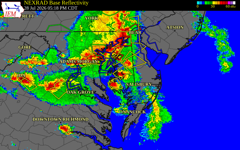 Radar snapshot during the Jul 28, 2026 tornado event near 1 SE Hambleton, Talbot County, Maryland, with NWS warning polygons
