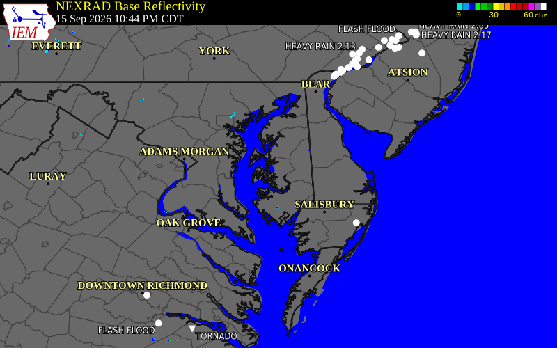 Current NEXRAD radar over Talbot County, Maryland with recent storm report locations