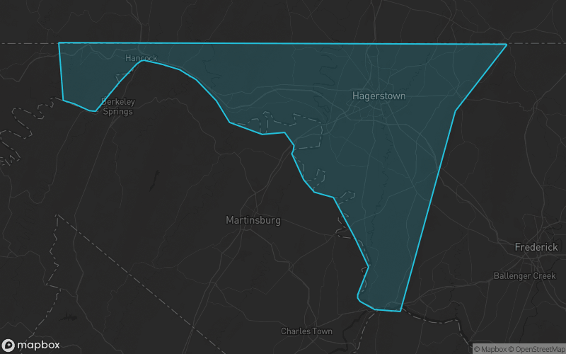 Map of Washington County, Maryland showing the county boundary and surrounding cities