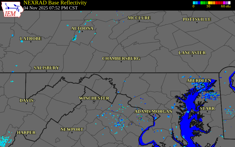 NEXRAD radar during the Tuesday, November 4, 2025 storm activity in Washington County, Maryland