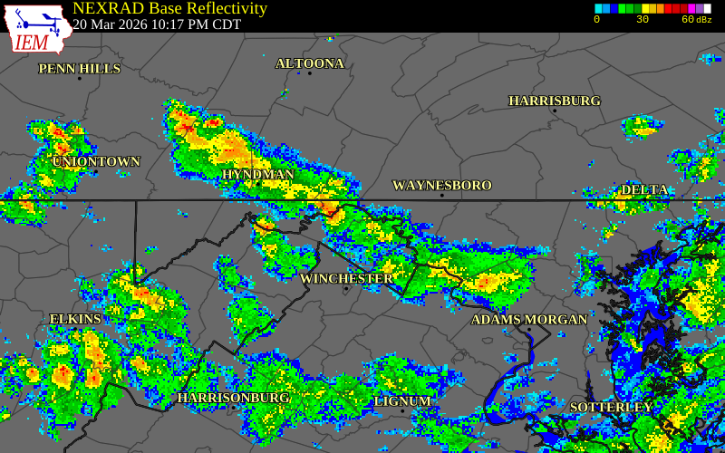 NEXRAD radar during the Friday, March 20, 2026 storm activity in Washington County, Maryland