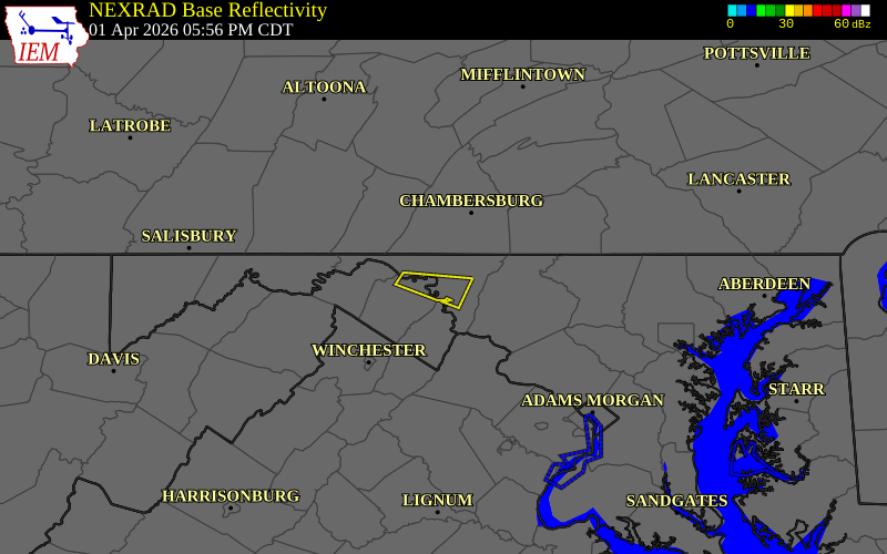 NEXRAD radar during the Wednesday, April 1, 2026 storm activity in Washington County, Maryland