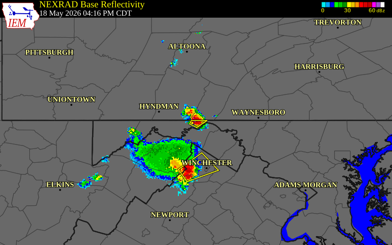 NEXRAD radar during the Monday, May 18, 2026 storm activity in Washington County, Maryland