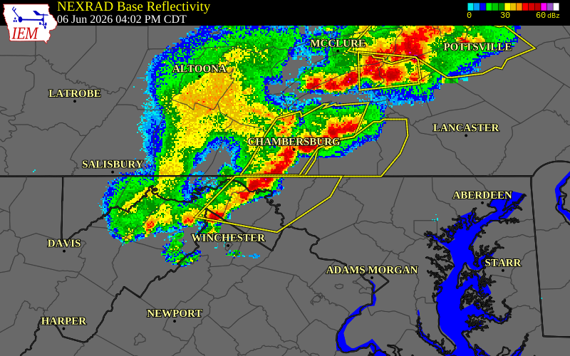 NEXRAD radar during the Saturday, June 6, 2026 storm activity in Washington County, Maryland