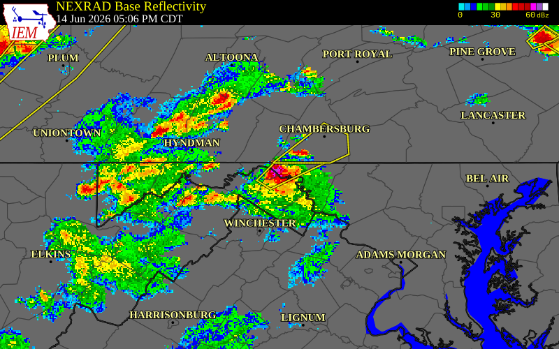 NEXRAD radar during the Sunday, June 14, 2026 storm activity in Washington County, Maryland
