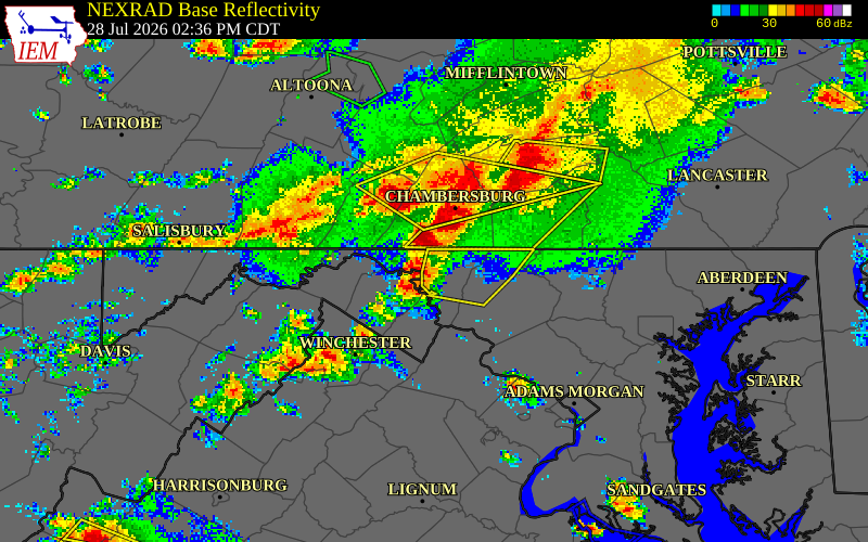 NEXRAD radar during the Tuesday, July 28, 2026 storm activity in Washington County, Maryland