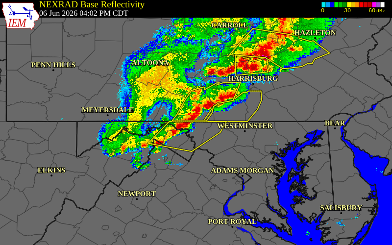 Radar snapshot during the Jun 6, 2026 wind event near Hagerstown Rgnl Arpt, Washington County, Maryland, with NWS warning polygons