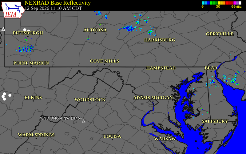 Current NEXRAD radar over Washington County, Maryland with recent storm report locations
