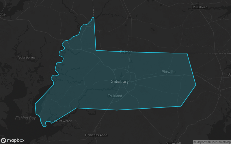 Map of Wicomico County, Maryland showing the county boundary and surrounding cities