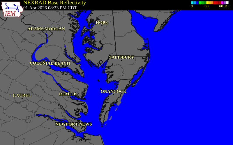 NEXRAD radar during the Wednesday, April 1, 2026 storm activity in Wicomico County, Maryland