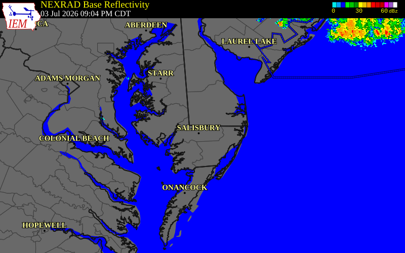 NEXRAD radar during the Friday, July 3, 2026 storm activity in Wicomico County, Maryland