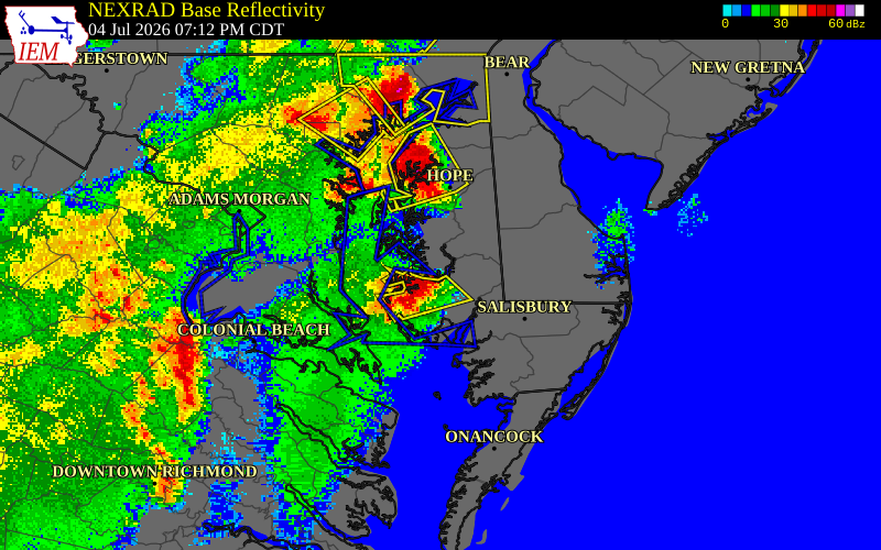 NEXRAD radar during the Saturday, July 4, 2026 storm activity in Wicomico County, Maryland
