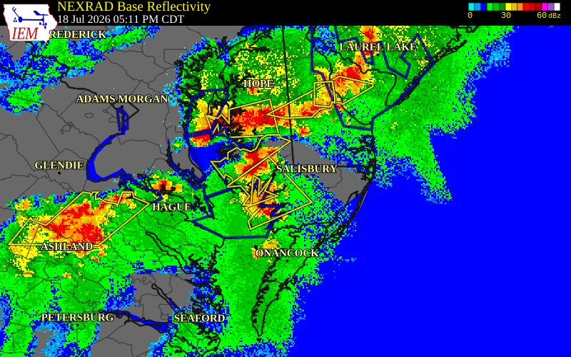 NEXRAD radar during the Saturday, July 18, 2026 storm activity in Wicomico County, Maryland