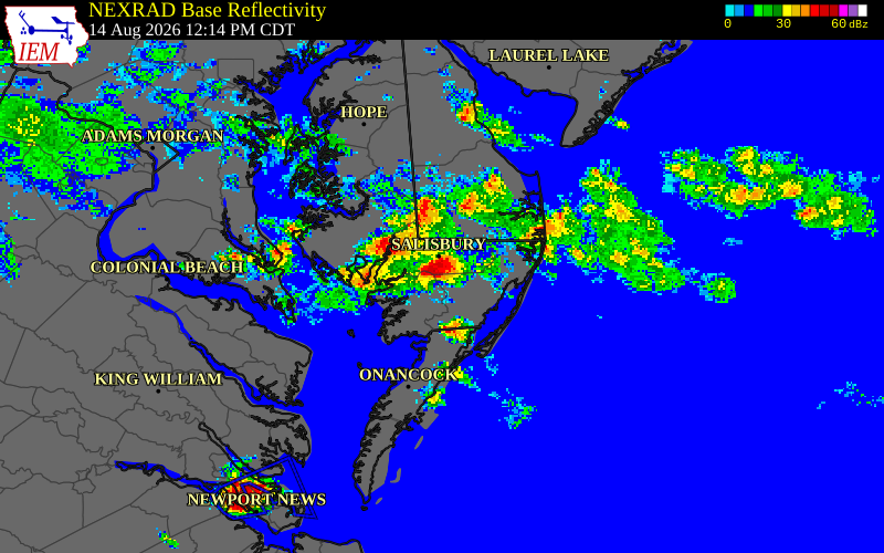 NEXRAD radar during the Friday, August 14, 2026 storm activity in Wicomico County, Maryland