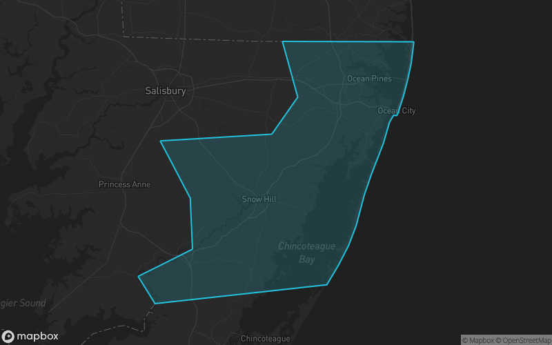 Map of Worcester County, Maryland showing the county boundary and surrounding cities