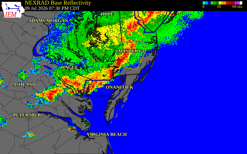 NEXRAD radar during the Thursday, July 9, 2026 storm activity in Worcester County, Maryland