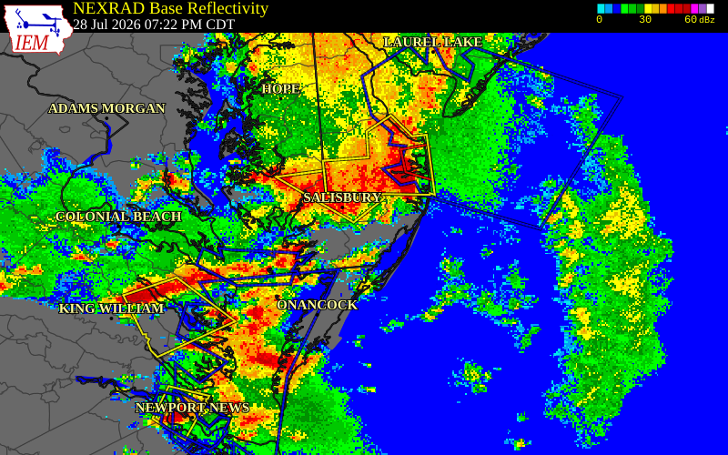 NEXRAD radar during the Tuesday, July 28, 2026 storm activity in Worcester County, Maryland