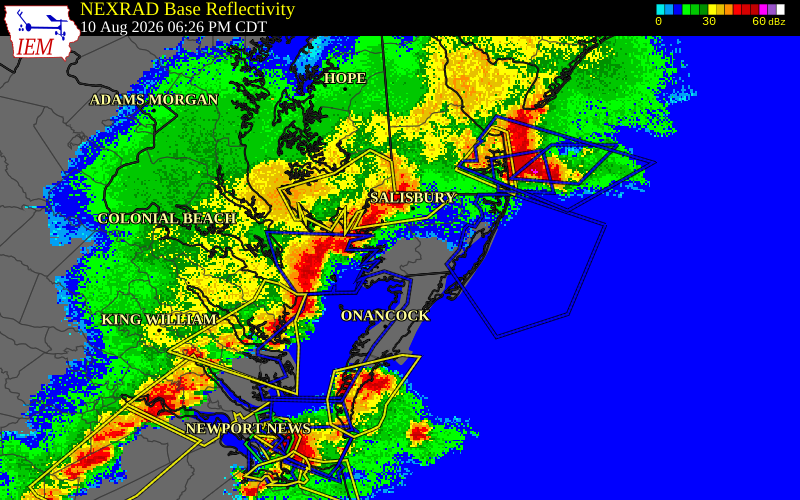 NEXRAD radar during the Monday, August 10, 2026 storm activity in Worcester County, Maryland