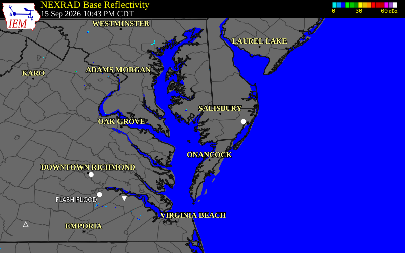 Current NEXRAD radar over Worcester County, Maryland with recent storm report locations