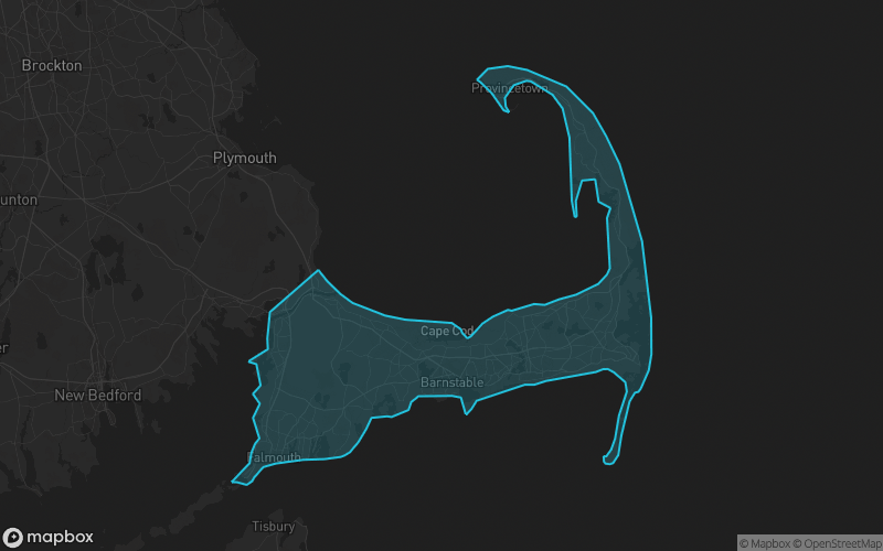 Map of Barnstable County, Massachusetts showing the county boundary and surrounding cities