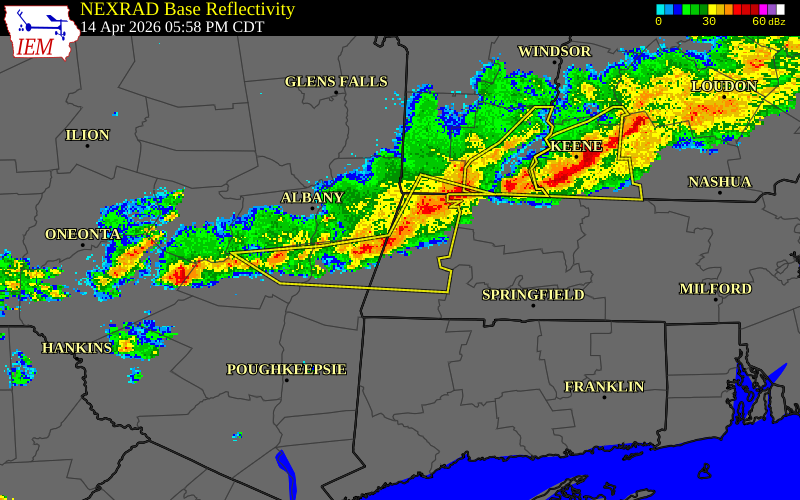NEXRAD radar during the Tuesday, April 14, 2026 storm activity in Berkshire County, Massachusetts