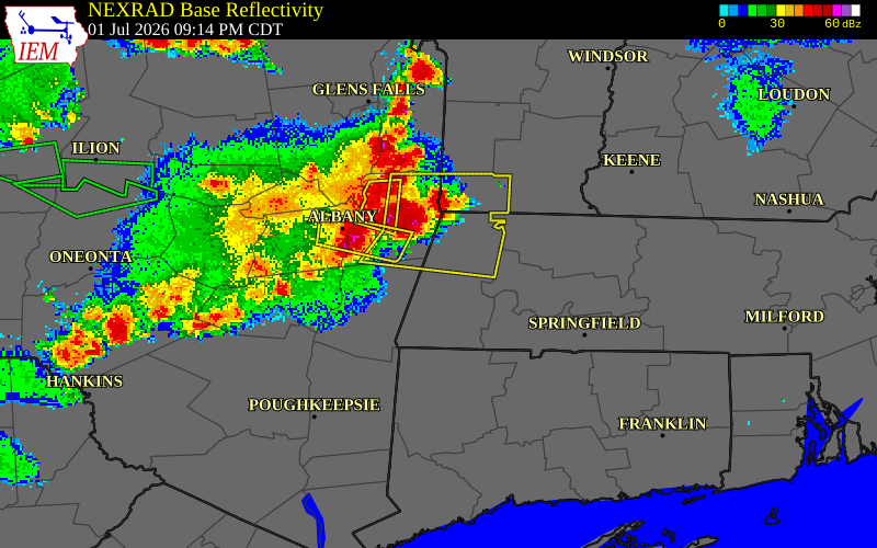 NEXRAD radar during the Wednesday, July 1, 2026 storm activity in Berkshire County, Massachusetts