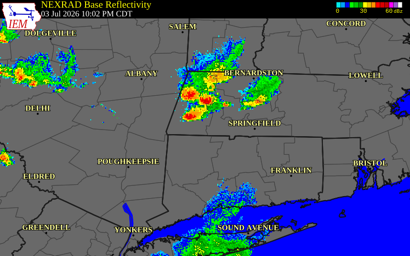 NEXRAD radar during the Friday, July 3, 2026 storm activity in Berkshire County, Massachusetts