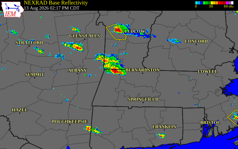NEXRAD radar during the Thursday, August 13, 2026 storm activity in Berkshire County, Massachusetts