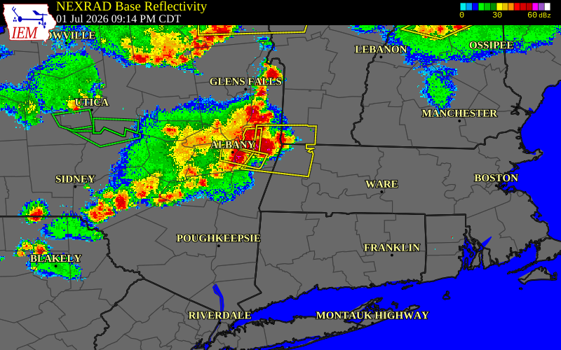 Radar snapshot during the Jul 1, 2026 wind event near 2 SW Pittsfield, Berkshire County, Massachusetts, with NWS warning polygons