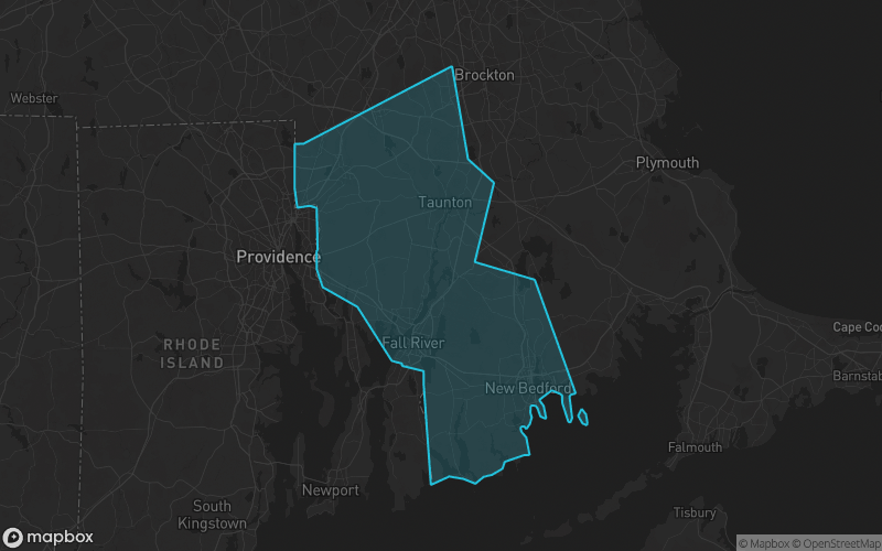 Map of Bristol County, Massachusetts showing the county boundary and surrounding cities
