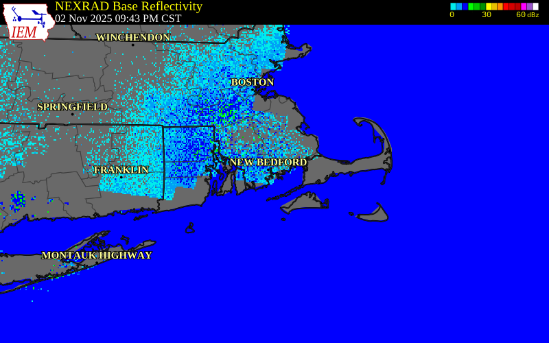 NEXRAD radar during the Sunday, November 2, 2025 storm activity in Bristol County, Massachusetts