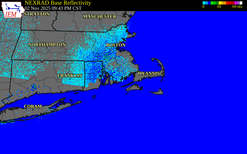 Radar snapshot during the Nov 2, 2025 wind event near 3 ESE New Bedford, Bristol County, Massachusetts, with NWS warning polygons