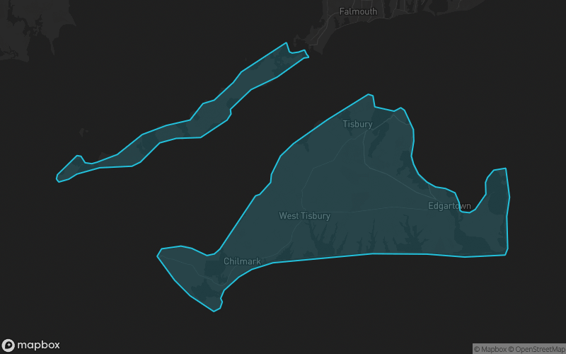 Map of Dukes County, Massachusetts showing the county boundary and surrounding cities