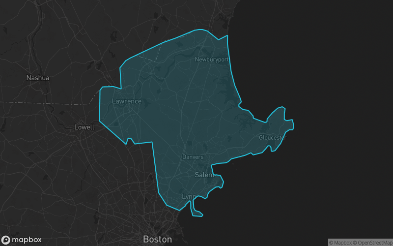 Map of Essex County, Massachusetts showing the county boundary and surrounding cities