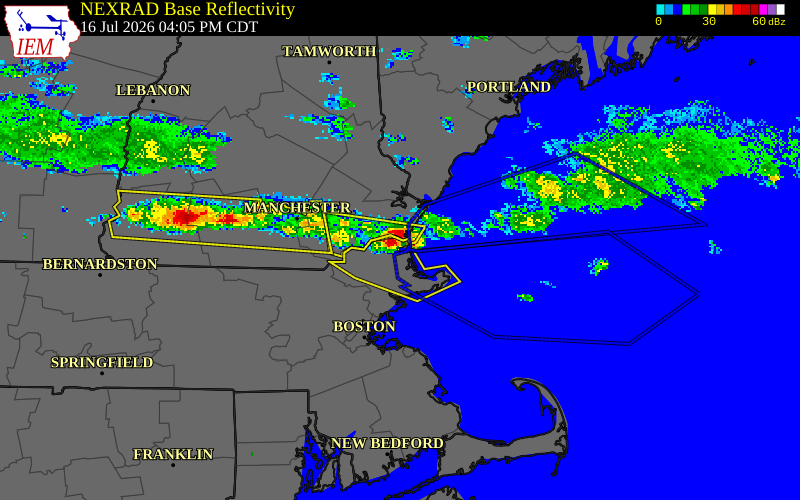 NEXRAD radar during the Thursday, July 16, 2026 storm activity in Essex County, Massachusetts