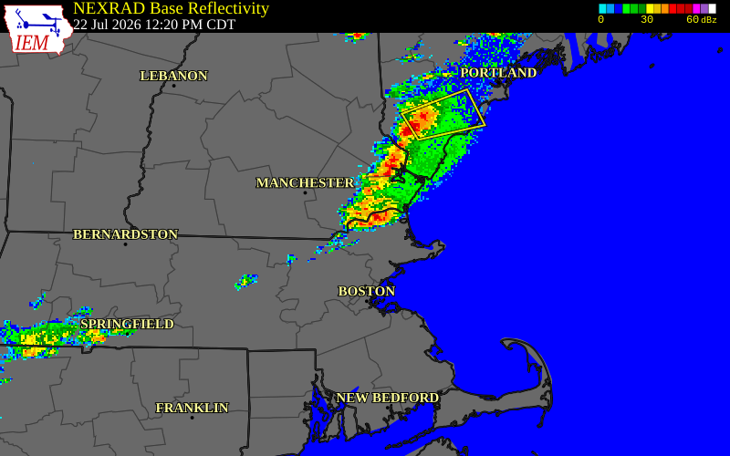NEXRAD radar during the Wednesday, July 22, 2026 storm activity in Essex County, Massachusetts